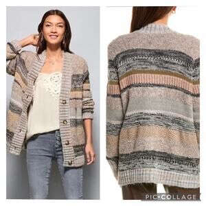 CAbi Striped Cozy Knit Cardigan in Beige, Gray, Taupe